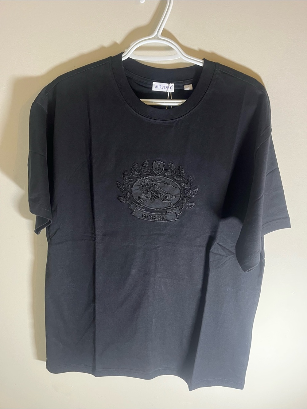 Burberry Black Crewneck T-Shirt with Tonal Embroidered Crest